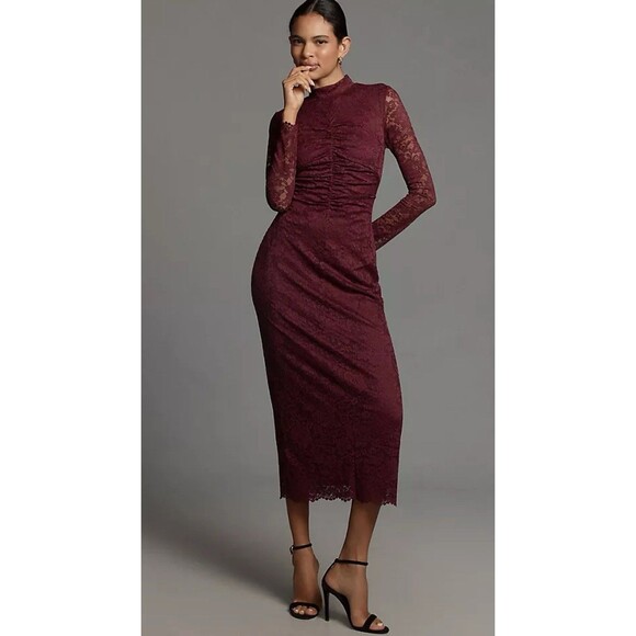Anthropologie Lace Dress Mock Neck Plum Preppy Holiday Party Retro Small NWT